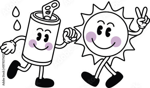 Retro cartoon characters of a soda can and a sun fist bumping