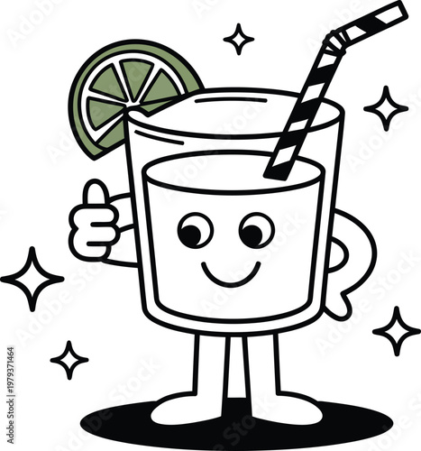 Cute cartoon glass of lemonade with a lime slice and straw giving a thumbs up