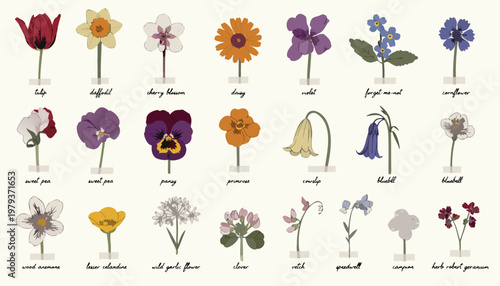 A colorful vector graphic illustration of various flowers, including tulips, daffodils, and forget-me-nots, on a white background.