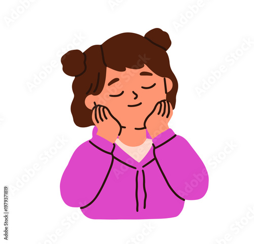 Cute dreamy girl kid with closed eyes, hands on cheeks and gentle smile. Happy child with touched face expression, positive emotion, affection. Flat vector illustration isolated on white background