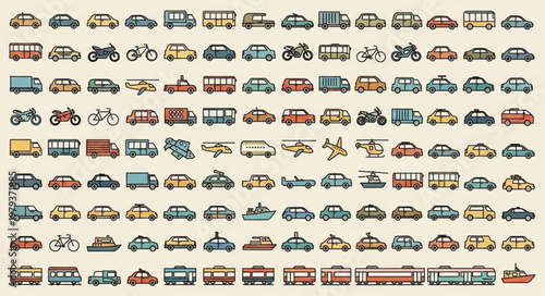 Collection of various cartoon vehicles and transportation icons.