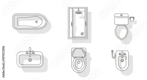 Collection of bathroom fixtures and fittings line art drawing.