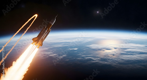 Space Voyage: A powerful rocket streaks across the inky canvas of space, leaving a trail of fiery exhaust as it ascends towards the stars. A glimpse of Earth's curved horizon below.