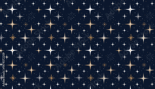A vector graphic illustration of a starry night sky with gold, white, and silver stars on a dark blue background