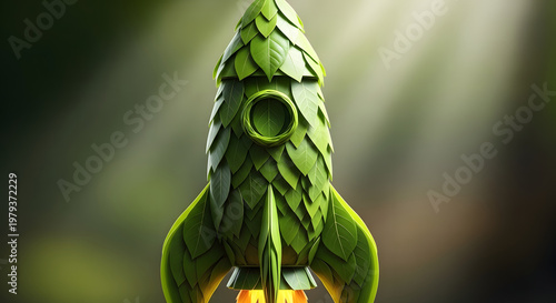 Eco-Friendly Rocket: A creative representation of an eco-friendly rocket, built entirely from leaves. This image symbolizes sustainable innovation and a harmonious blend of technology and nature.