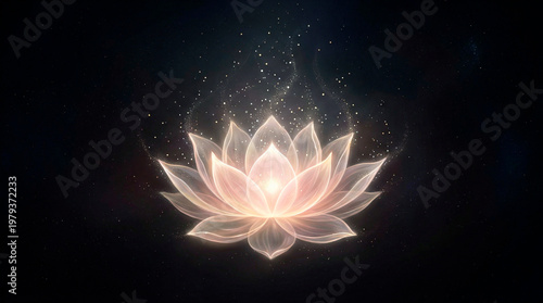  A stylized lotus flower with soft pinkish-white petals radiating a gentle glow. The background is adorned with fine gold glitter, enhancing the design's mystical atmosphere.