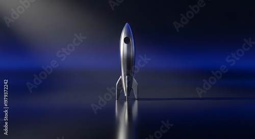 Metallic Rocket on a Reflective Surface: A sleek, metallic rocket stands poised on a reflective surface, its polished exterior gleaming. A strong ray of light adds a dynamic feel.