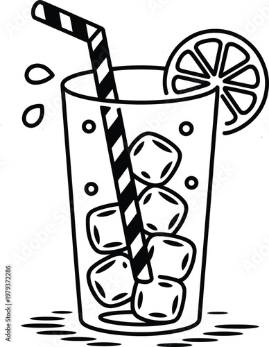 Black and white line art illustration of a refreshing glass of lemonade with ice cubes, a straw, and a lemon slice garnish