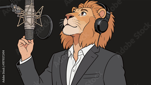 Lion in Suit with Microphone and Headphones