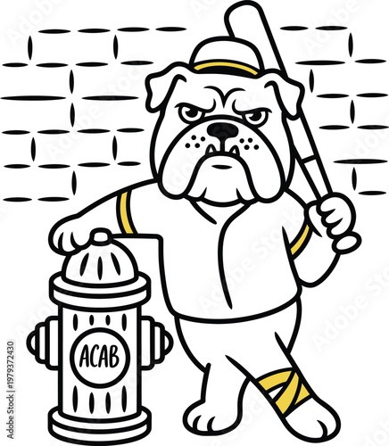 Cartoon bulldog mascot holding a baseball bat leaning on a fire hydrant with acab text