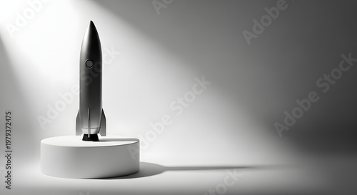 Rocket in the Spotlight: A sleek rocket stands tall on a platform, illuminated by a spotlight, casting a shadow that adds depth and drama. Evoking themes of progress, innovation.