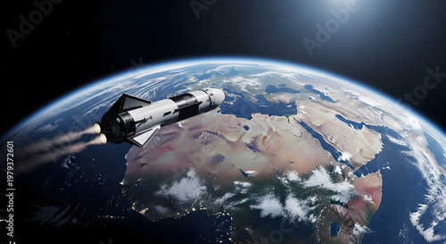 Space Odyssey: A spacecraft ascends towards the vast expanse of space, gracefully orbiting Earth, symbolizing humanity's boundless quest for exploration and innovation.