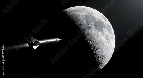 Rocket Journey to the Moon: A sleek rocket soars through the inky expanse of space, embarking on a daring voyage towards the majestic crescent moon, illuminated by a celestial beam.