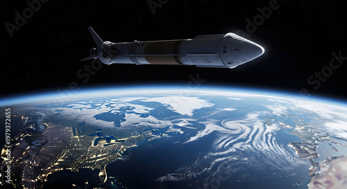 Spacecraft soaring above Earth: A futuristic spacecraft elegantly navigates the expanse of space, gracefully positioned against the backdrop of our beautiful planet, Earth.