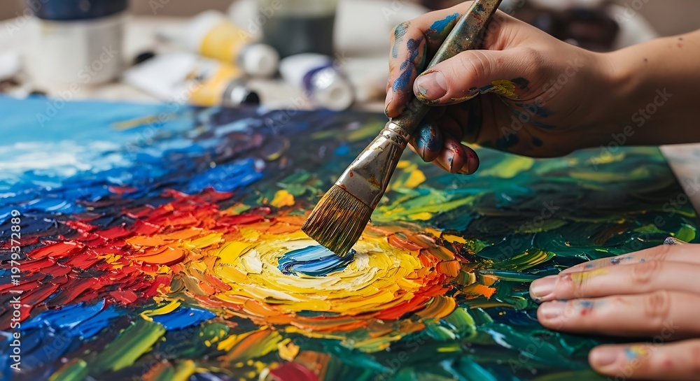 Fototapeta premium Artist painting colorful abstract art piece.