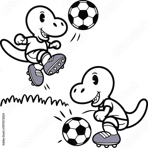Cartoon dinosaur soccer players playing football, vector illustration