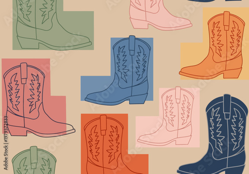 Seamless Pattern with Retro Cowboy Boots in Minimalist Line Art Style; Vintage Western-Inspired Illustration with Muted Earth Tones and Geometric Accents