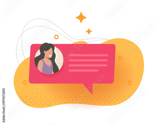Feedback testimonial comment chat with woman user message icon vector graphic, speech bubble notice notification with sms text service clip art
