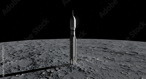 Lunar Launchpad: A majestic rocket poised on the moon's surface against the infinite expanse of the cosmos, ready to embark on a journey of discovery.