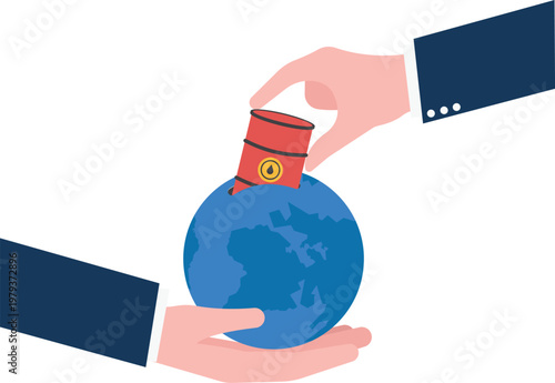 Big hand putting an oil barrel into the earth globe