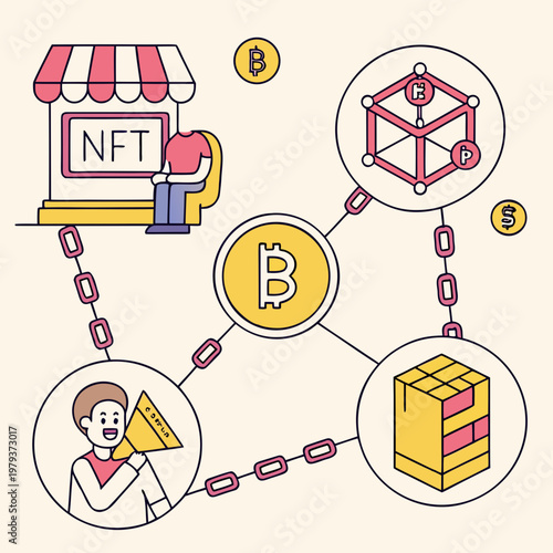 Blockchain and nft ecosystem illustration with cryptocurrency and network nodes
