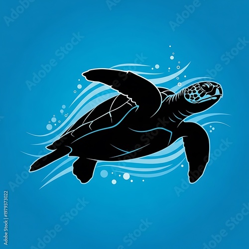 Black sea turtle swimming in ocean.
