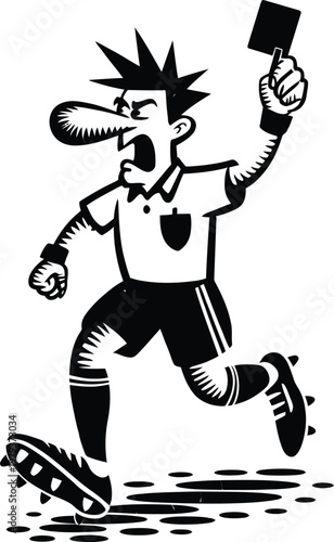 Cartoon soccer referee running and showing a red card