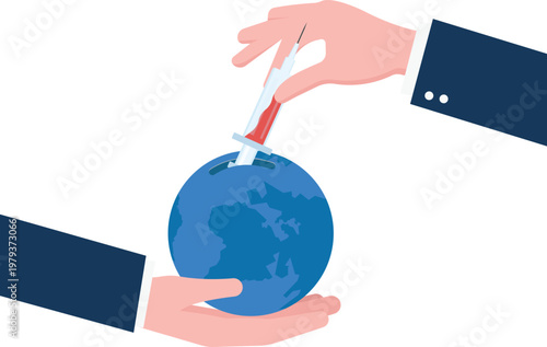 Big hand putting a syringe into the earth globe