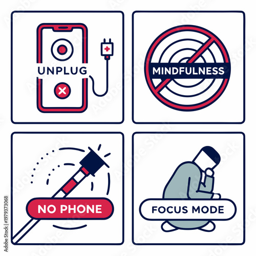 Digital detox and focus mode icons set for mindfulness and disconnecting