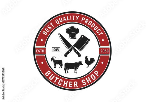 Vintage Butcher Shop Logo Emblem with Cow, Goat, and Chicken Silhouettes, Crossed Knives, and Chef Hat for Meat Market Branding