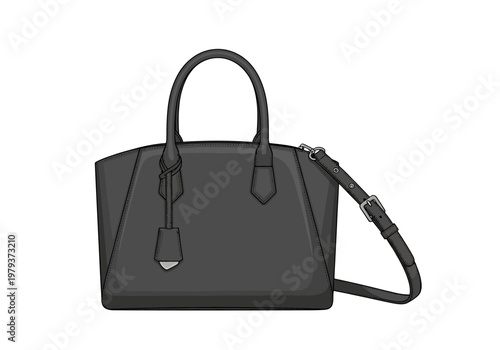 Elegant Black Leather Handbag Illustration with Top Handles and Shoulder Strap - Classic Women's Fashion Tote Bag Accessory Isolated on White