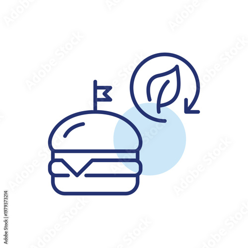 Cheeseburger, leaf and renew arrow. Sustainable food and delivery. Pixel perfect, editable stroke vector icon