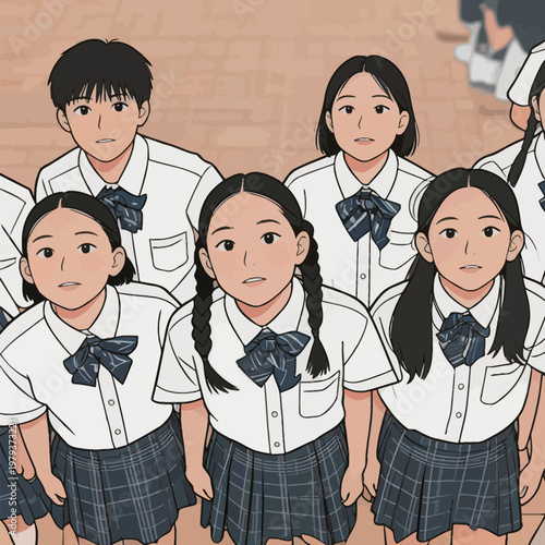 Group of Japanese School Students in Uniforms