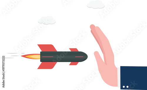 Big hand stopping a rocket with a palm gesture