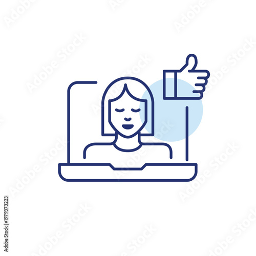 Woman on laptop screen and thumbs up symbol. Video call connection stable, approved user. Positive customer feedback to video class. Pixel perfect, editable stroke vector icon