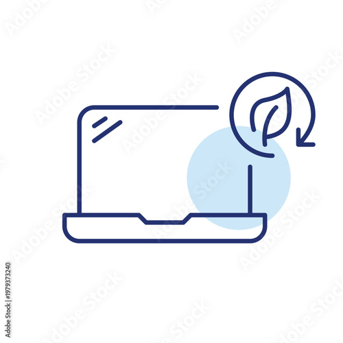 Laptop, leaf and renew arrow. Sustainable devices and electronics. Pixel perfect, editable stroke vector icon