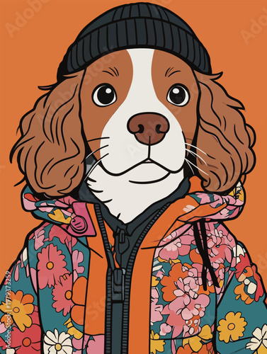 Cavalier King Charles Spaniel Wearing Floral Jacket