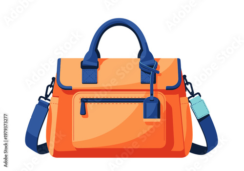 Modern Orange and Blue Travel Bag Illustration, Stylish Satchel Handbag with Shoulder Strap and Luggage Tag, Professional Business Briefcase Isolated on White
