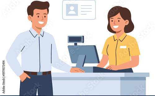 Man interacting with cashier at store checkout counter with monitor and screen