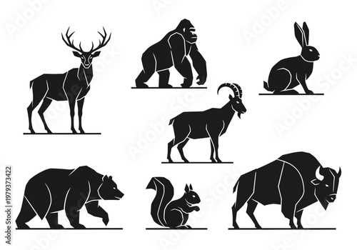 Geometric Animal Silhouette Icon Set: Deer, Gorilla, Rabbit, Ibex, Bear, Squirrel, and Bison Minimalist Wildlife Vector Illustrations for Branding and Logos