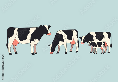 Minimalist Flat Vector Illustration of Holstein Dairy Cow Herd with Calf