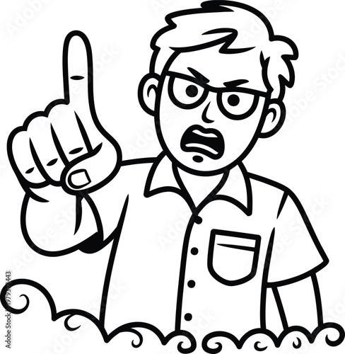 Angry man pointing finger up, cartoon character illustration