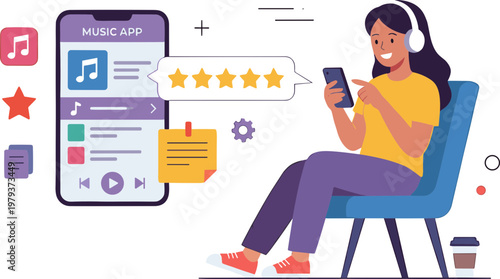 A woman sits in a chair listening to music on her phone.