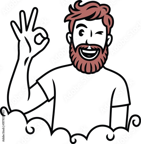 Happy bearded man winking and showing an okay hand gesture, vector illustration