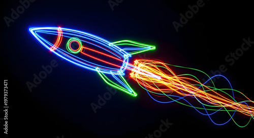 Rocket of Innovation: A vibrant light painting of a rocket ship streaks across the black canvas, symbolizing ambition, technological advancement, and the thrill of discovery.