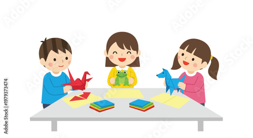 Three cheerful children sit at a table, happily creating colorful origami animals like a red crane, a green frog, and a blue dog from paper.