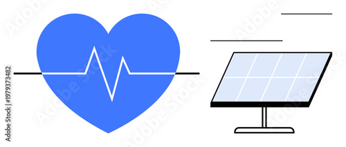 Renewable energy, health monitoring, sustainability, ecological technology, clean power, innovation. Blue heart with pulse line and solar panel. Renewable energy and health monitoring concepts