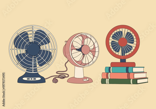 Set of Retro Style Electric Desk Fans and Stack of Books Illustration - Vintage Summer Cooling and Home Office Concept