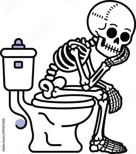 Skeleton sitting on a toilet bowl thinking and posing in a pensive manner