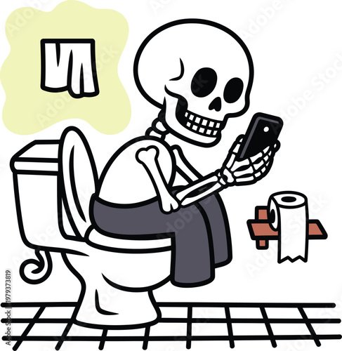 Cartoon skeleton sitting on a toilet looking at a smartphone